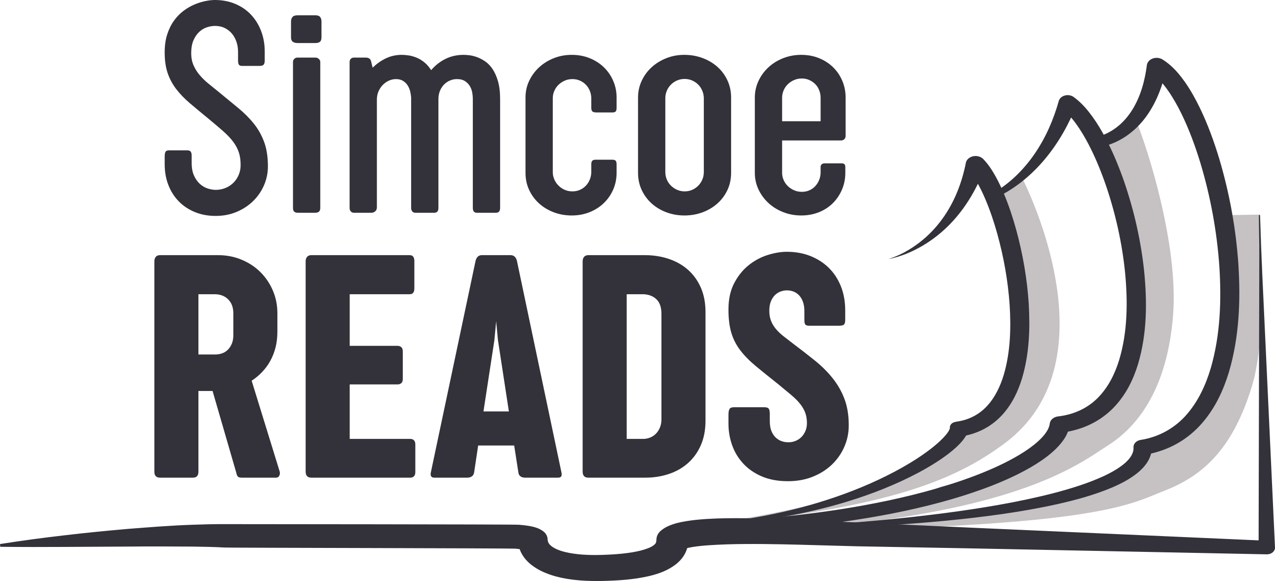 Simcoe Reads Logo, includes stylized drawing of a pages flipping through a book
